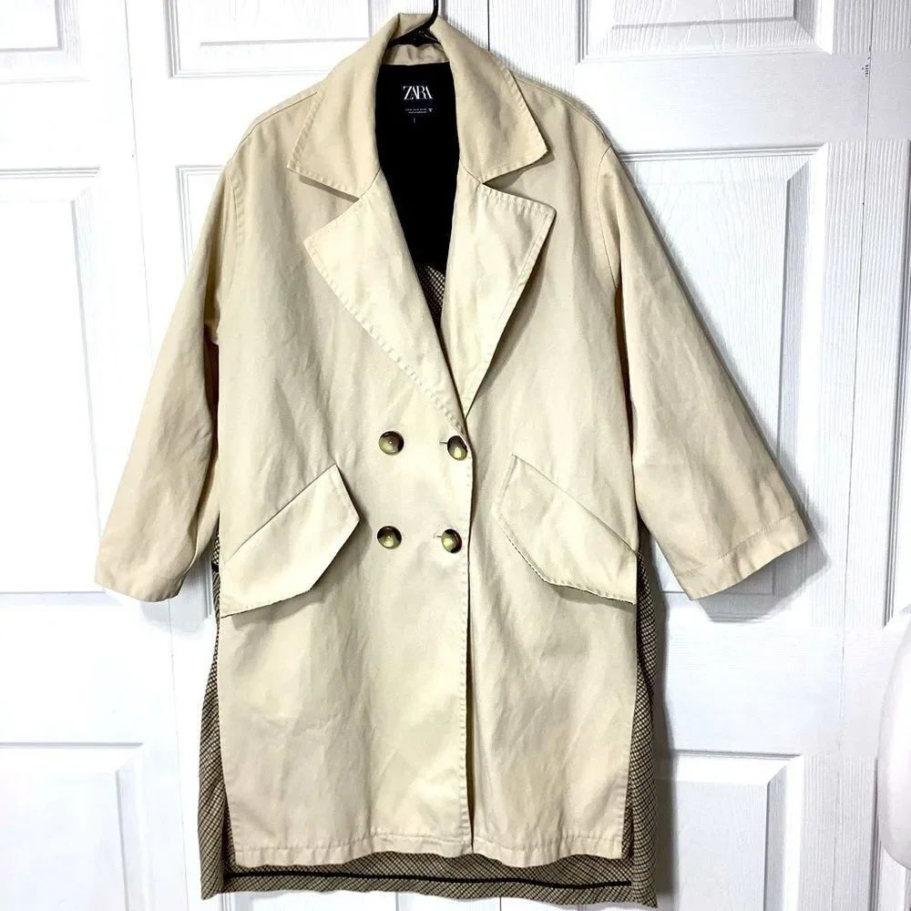 Zara Tan Plaid Women's Jacket High Low Overcoat Duster